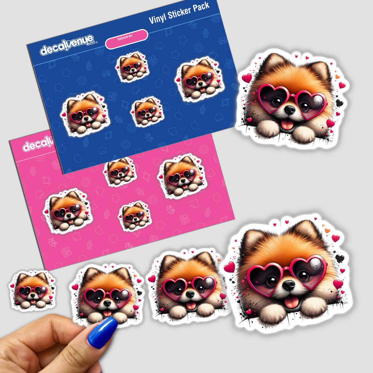 Peeking Pomeranian Hearts artwork, available as stickers or digital art, showcases a playful Pomeranian peering through heart-shaped frames. Perfect for adding charm to any surface or digital space.