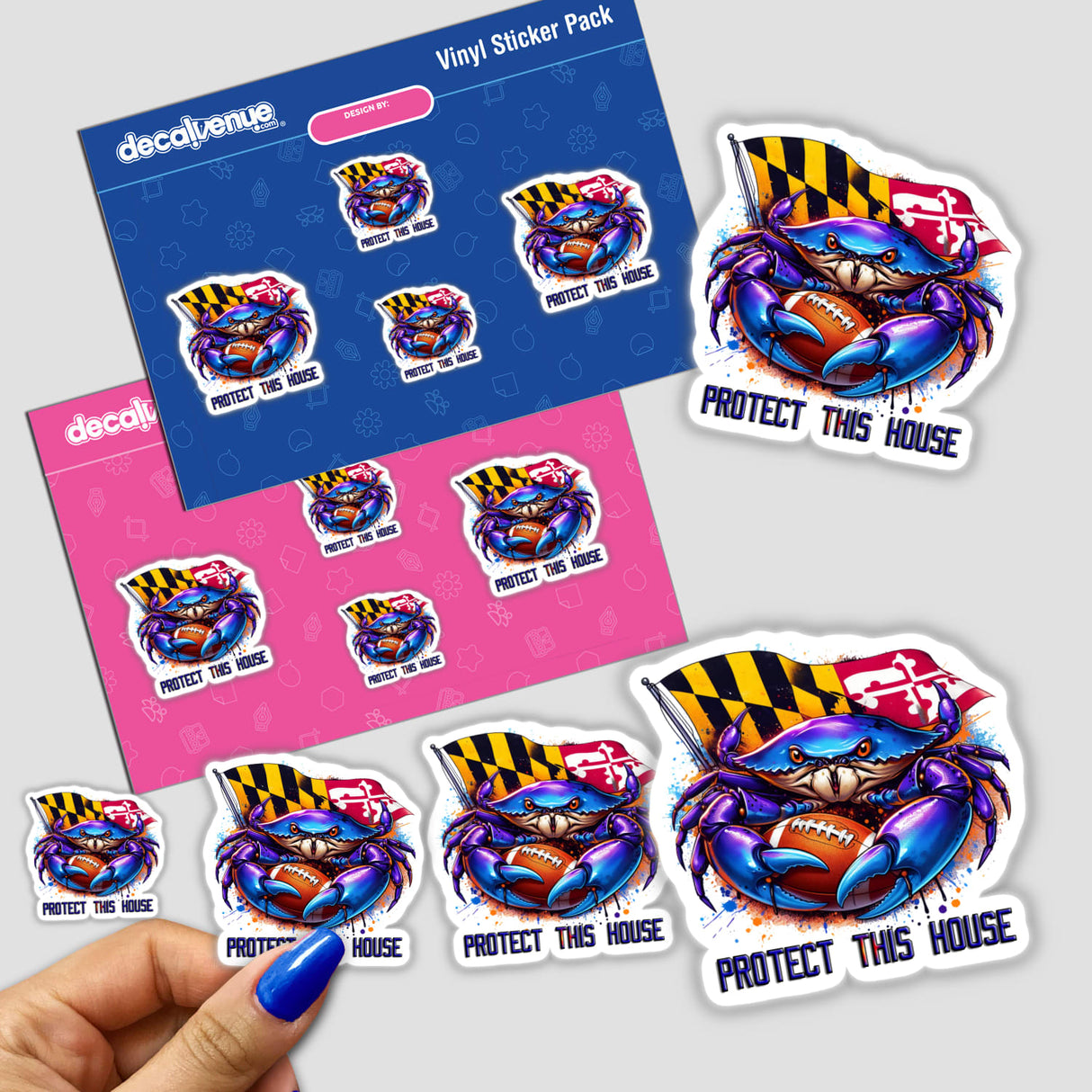 Maryland Flag Purple Football Crab Protect this House vinyl sticker sheet features a vibrant crab design with a football and state flag, shown on colorful backings and as individual decals, highlighting their unique application.