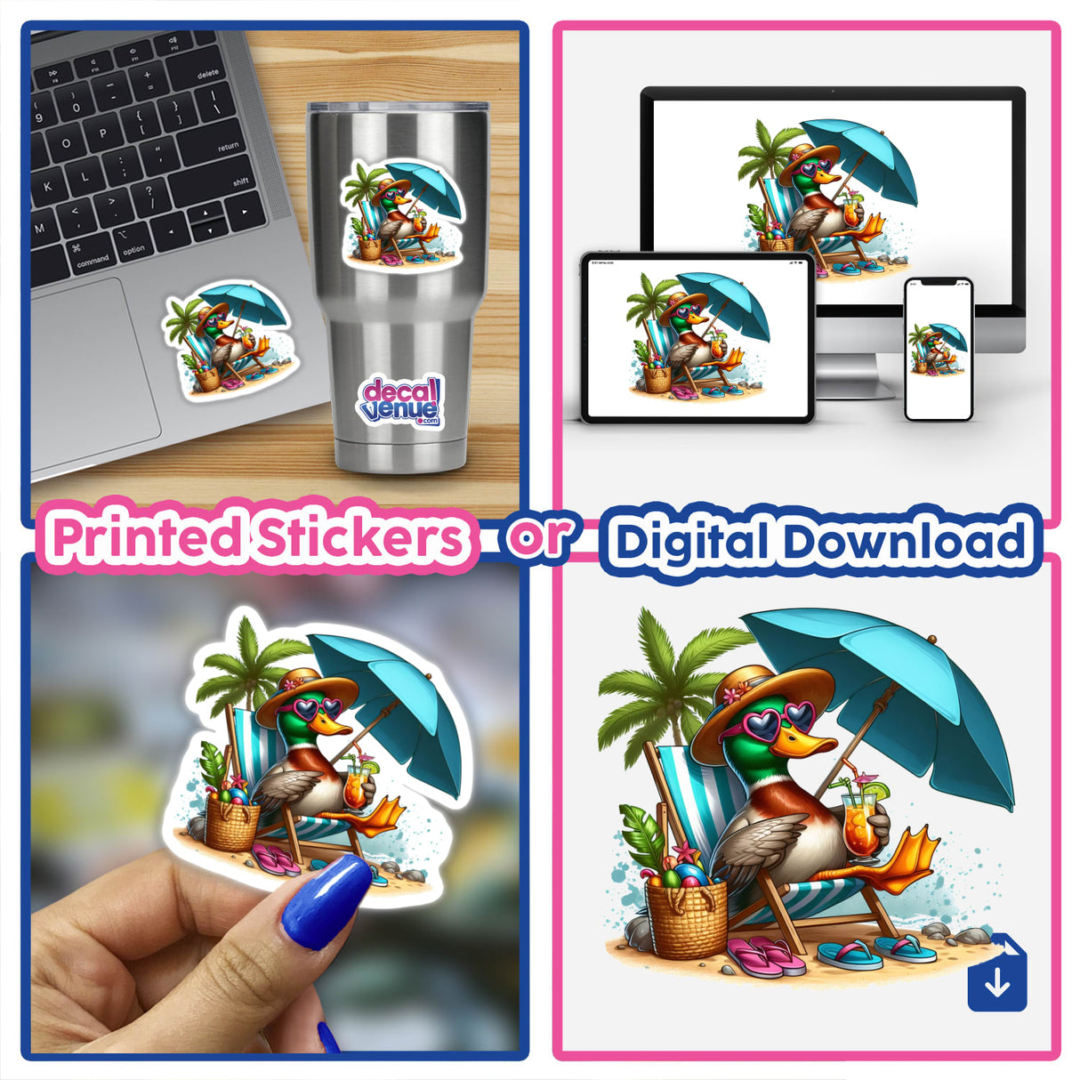 Mallard Duck Sitting in Beach Chair depicted as a vinyl sticker, showing a cartoon duck relaxing with sunglasses and a drink, ideal for laptops or digital artwork.