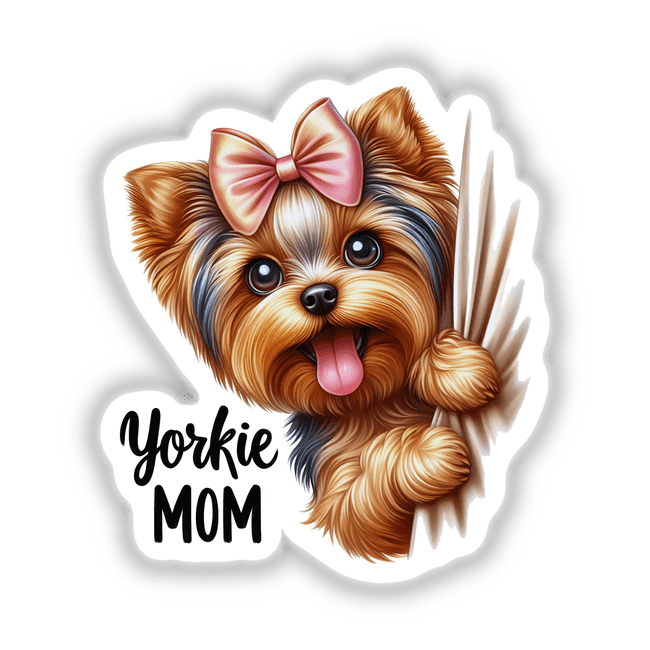 Adorable Yorkshire Terrier dog with a pink bow in its groomed, silky fur and a happy expression, placed against a plain background