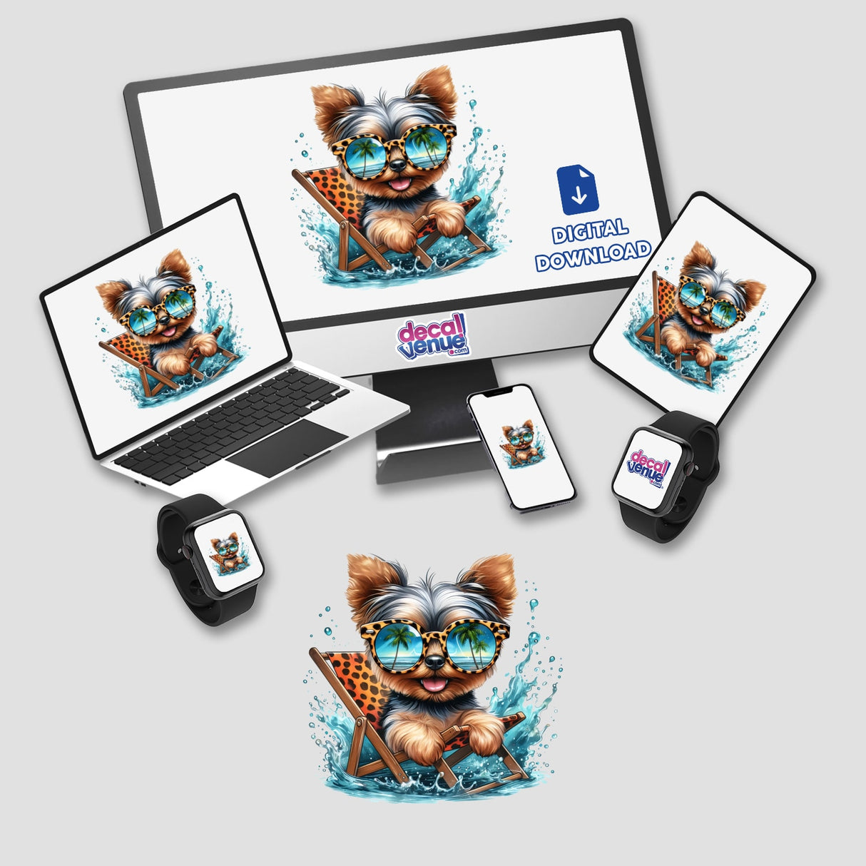 Peeking Yorkie Dog Sitting in Beach Chair II features a playful Yorkshire Terrier on a beach chair, wearing sunglasses reflecting palm trees, perfect as a sticker or digital art for dog lovers.