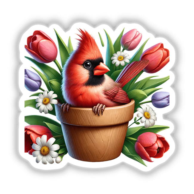 Cardinal Bird Peeking Out of Flower Pot