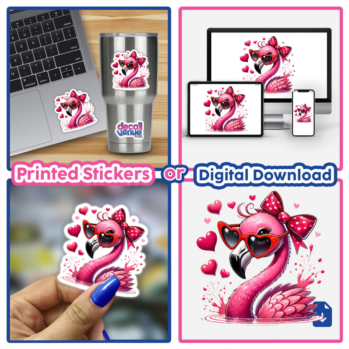 Valentine Flamingo artwork featuring a playful flamingo with heart-shaped sunglasses, available as vibrant vinyl stickers or digital downloads, embodying romance and creativity from Decal Venue.
