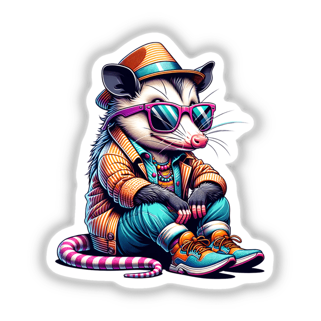 Stylish Opossum Sunglasses: Cartoon opossum wearing sunglasses and a hat, available as stickers or digital artwork from Decal Venue.