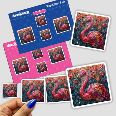 Flamingo Mosaic Jewels stickers featuring detailed flamingo artwork with floral accents and vibrant backgrounds. Close-up of sticker showcases intricate design, ideal for personalizing items or digital use.