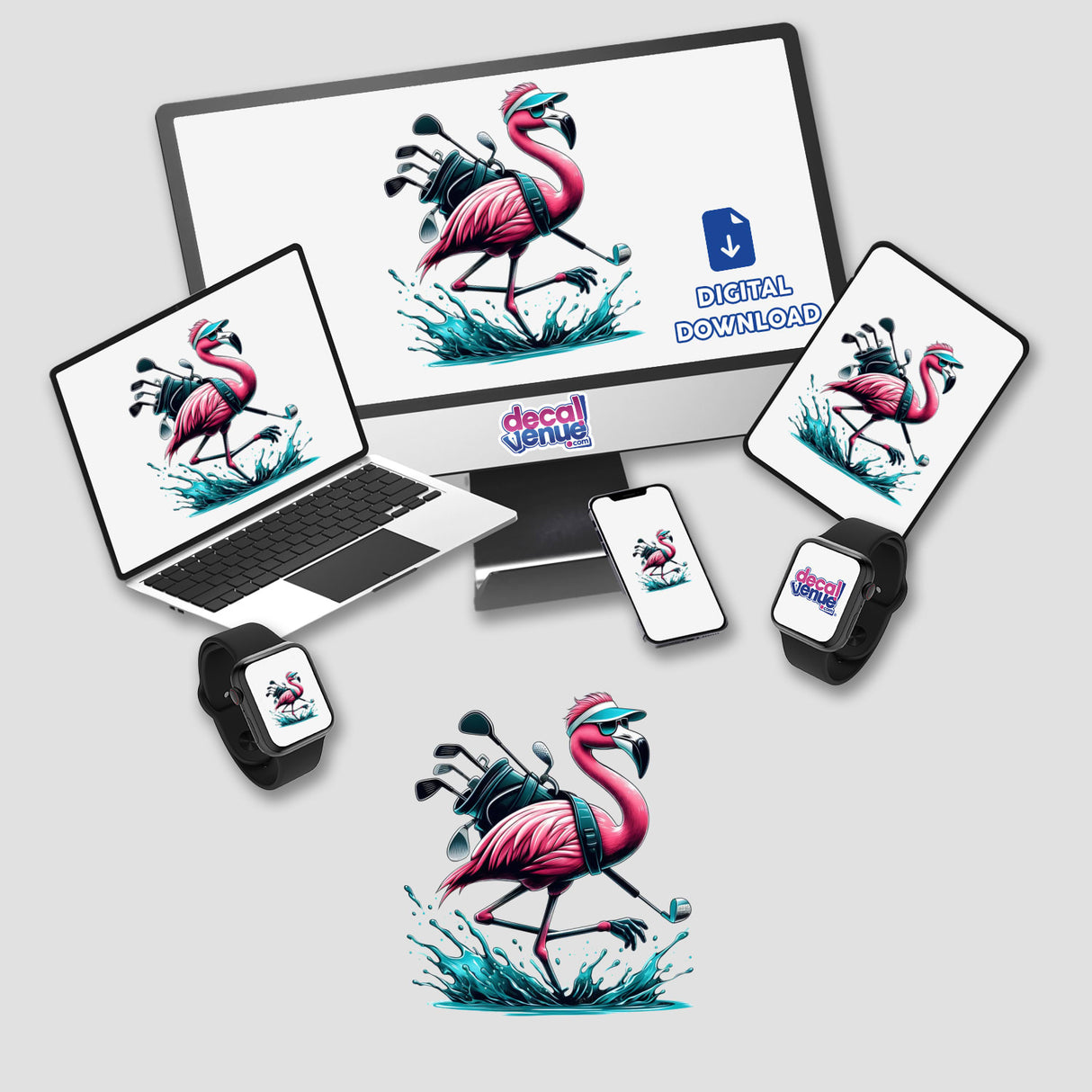 Flamingo Splash Golfer II displayed on a computer monitor and laptop, featuring a cartoon flamingo golfing. Available as stickers or digital artwork from Decal Venue.
