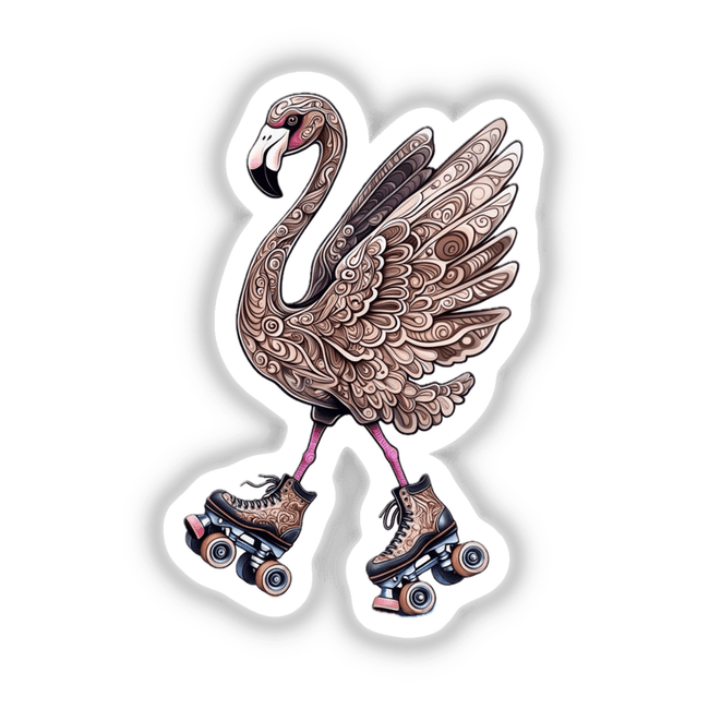 Flamingo on Roller Skates with Intricate Feather Details sticker, showcasing a whimsical drawing of a flamingo elegantly skating. Available as a unique vinyl sticker or digital artwork from Decal Venue.