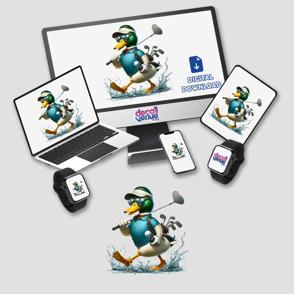 Sporty Mallard Duck Going Golfing depicted on devices, showcasing a cartoon duck in golf attire with a club, available as stickers or digital artwork from Decal Venue.