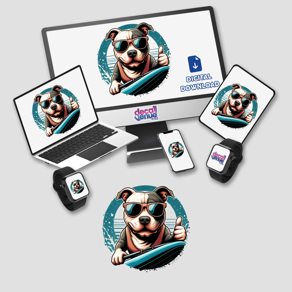 Retro Surfing Thumbs Up Pitbull featured on a laptop screen, showing a cartoon pitbull wearing sunglasses and holding a surfboard, available as stickers or digital artwork from Decal Venue.