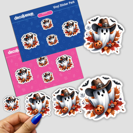 Halloween Autumn Cowboy Ghost sticker featuring a cartoon ghost in a cowboy hat holding a pumpkin. A hand is holding a sticker pack with similar designs.