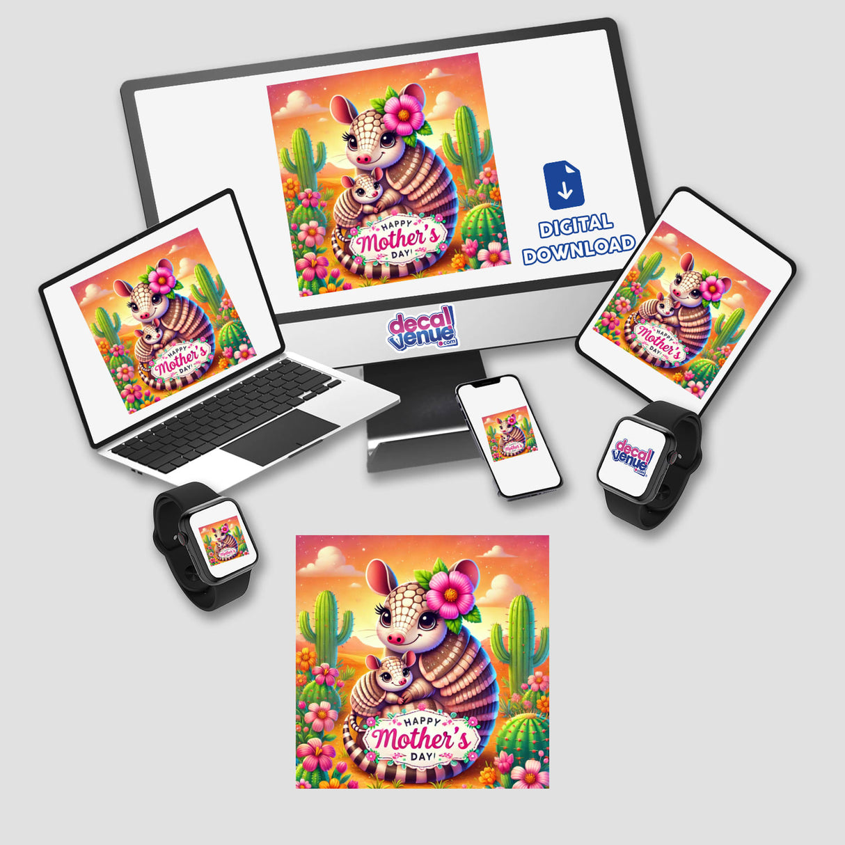 Armadillo With Baby Happy Mothers Day With Cactus design shown on computer monitor and laptop. Available as stickers or digital artwork, highlighting cartoon illustration of mother and baby armadillo with flowers.
