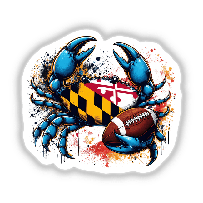 Bold blue crab, Maryland state flag, and football splatter art