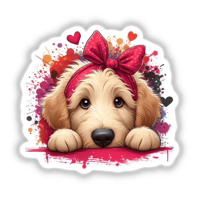 Peeking Goldendoodle Splatter design features a playful dog with a bow, capturing the essence of Decal Venue's unique vinyl stickers and digital artwork collection. Ideal for sticker enthusiasts or digital art lovers.