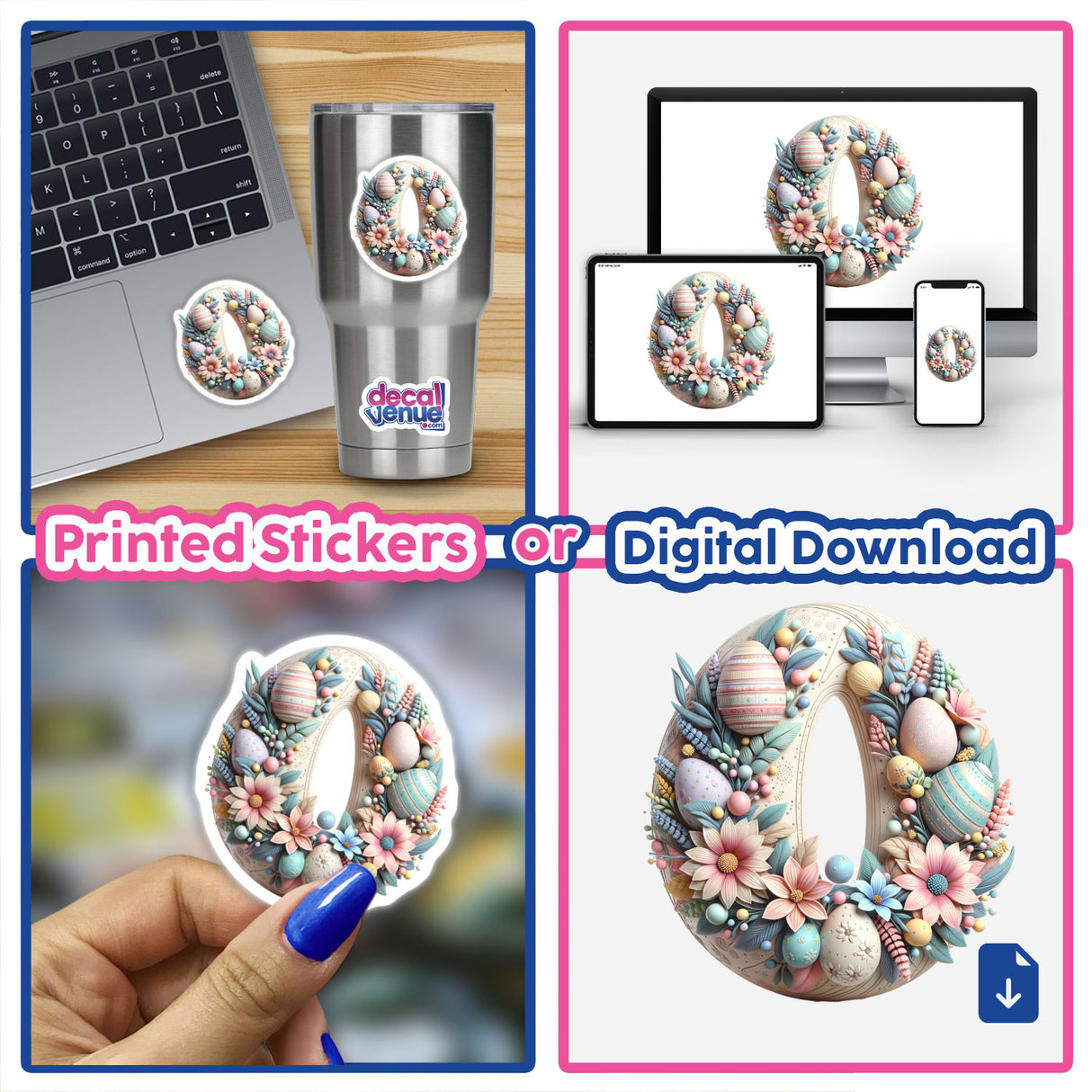 Beautiful Easter Wreath with Floral Accents and Eggs, featuring a collage of decorated letters and numbers, available as stickers or digital artwork from Decal Venue.