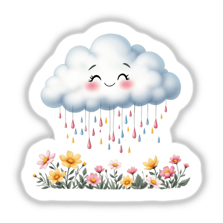 Cute Spring Rain Clouds with Colorful Droplets featuring cartoon clouds and flowers, ideal as stickers or digital art to add a playful touch to planners or digital projects.