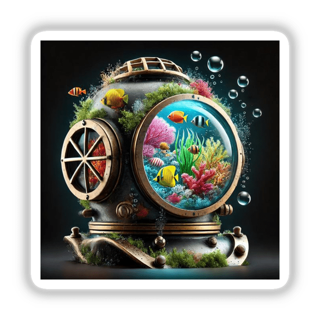 Deep Sea Dreams - Coral Reef Inside a Diver’s Helmet: A digital artwork featuring a vibrant coral reef scene within a diver’s helmet, available as stickers or digital art from Decal Venue.