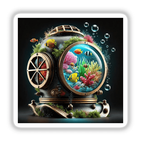Deep Sea Dreams - Coral Reef Inside a Diver’s Helmet: A digital artwork featuring a vibrant coral reef scene within a diver’s helmet, available as stickers or digital art from Decal Venue.