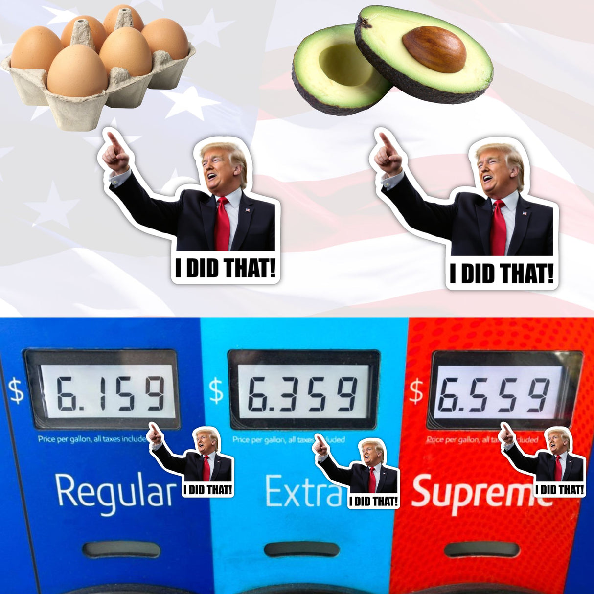 Trump I Did That Vinyl Stickers displayed in a collage with a man pointing at an avocado and digital displays, highlighting their versatility for various smooth surfaces.