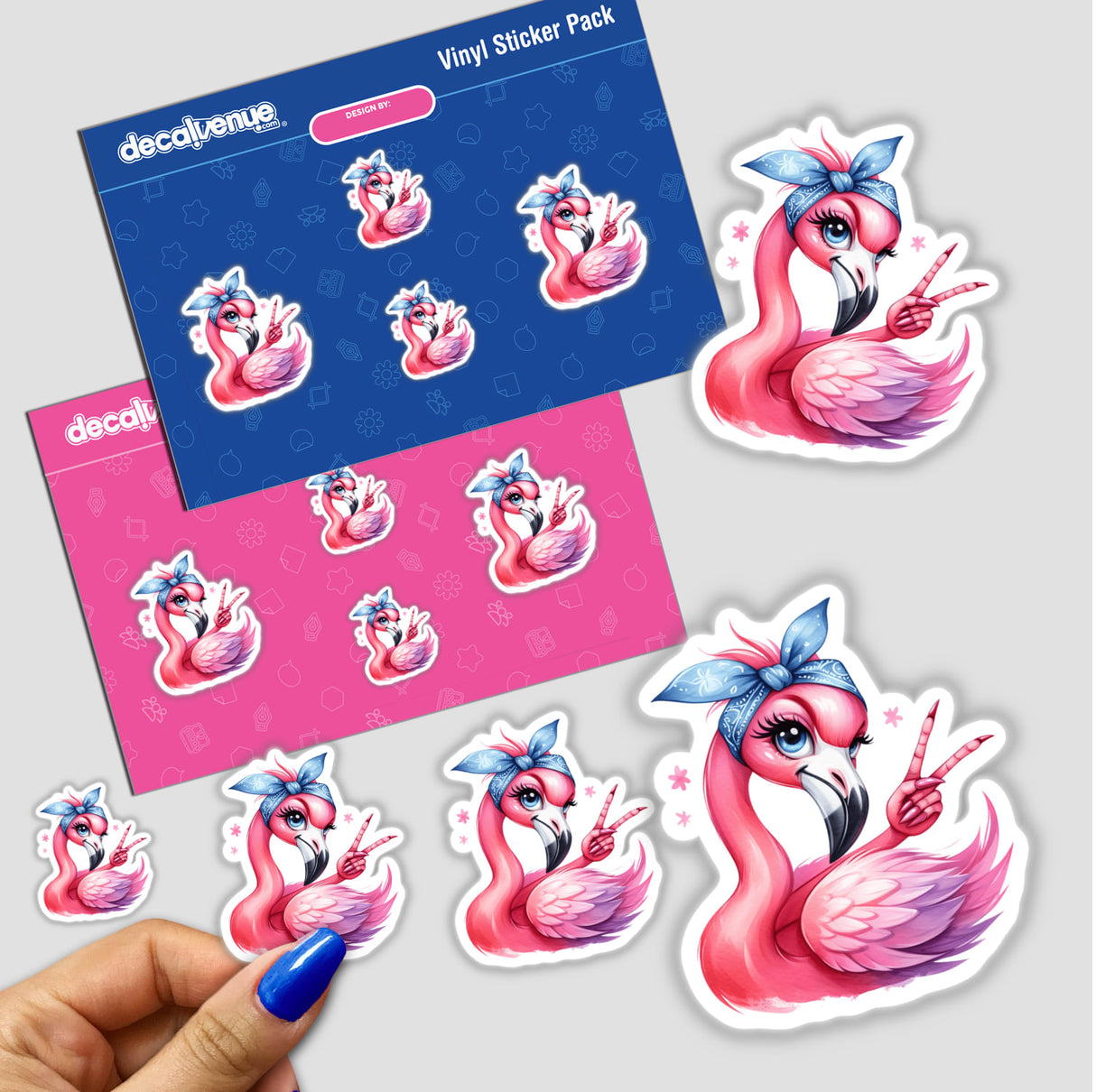 Peace Out Flamingo Bird sticker pack featuring cartoon flamingos with blue bows and bandanas, available as stickers or digital artwork. Perfect for adding a playful touch to any surface.