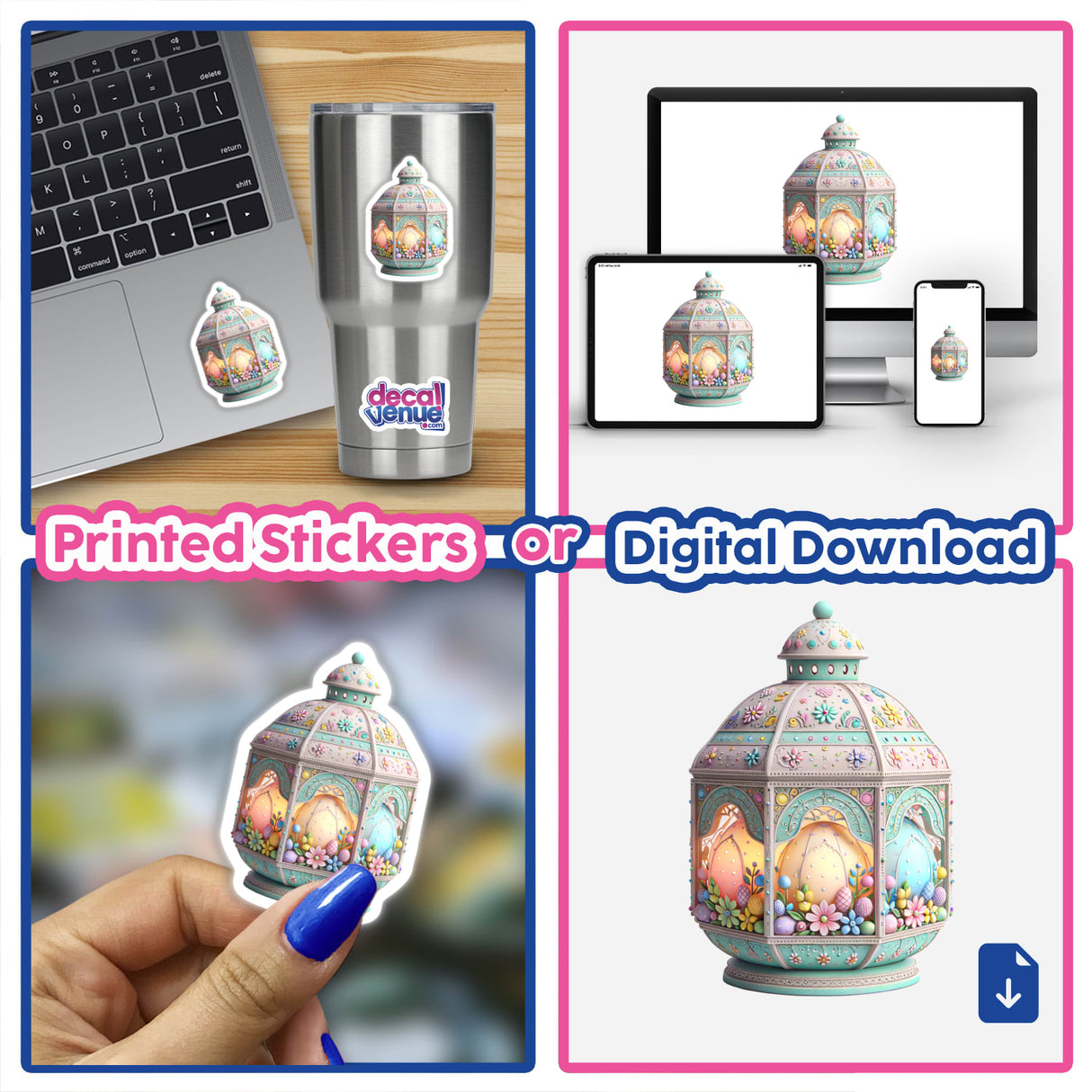 Collage featuring Colorful Easter Lantern Embellished With Flowers, available as stickers or digital artwork, alongside laptop keyboard with sticker, emphasizing Decal Venue's unique vinyl and digital art offerings.