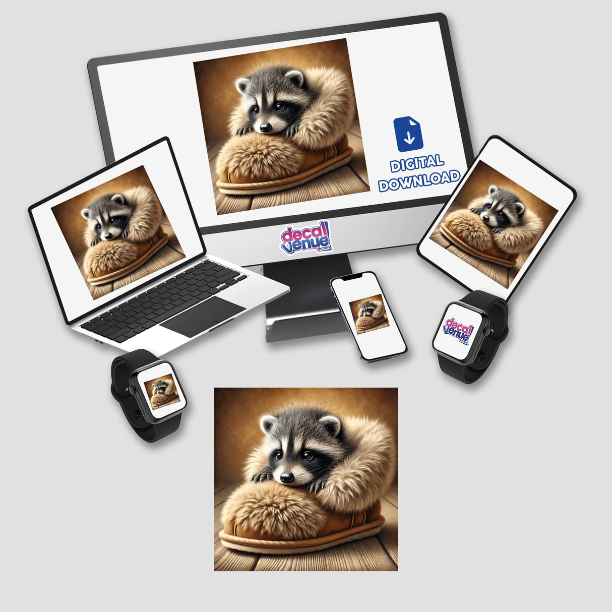 Baby Raccoon in Fluffy Slipper digital artwork displayed on a laptop, monitor, and phone, available as stickers or digital prints.