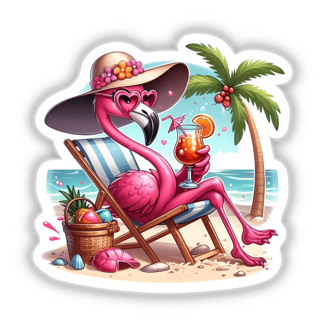 Flamingo Bird Beach Diva: A cartoon flamingo wearing a hat and sunglasses, lounging in a chair on a beach, holding a drink, available as stickers or digital artwork.