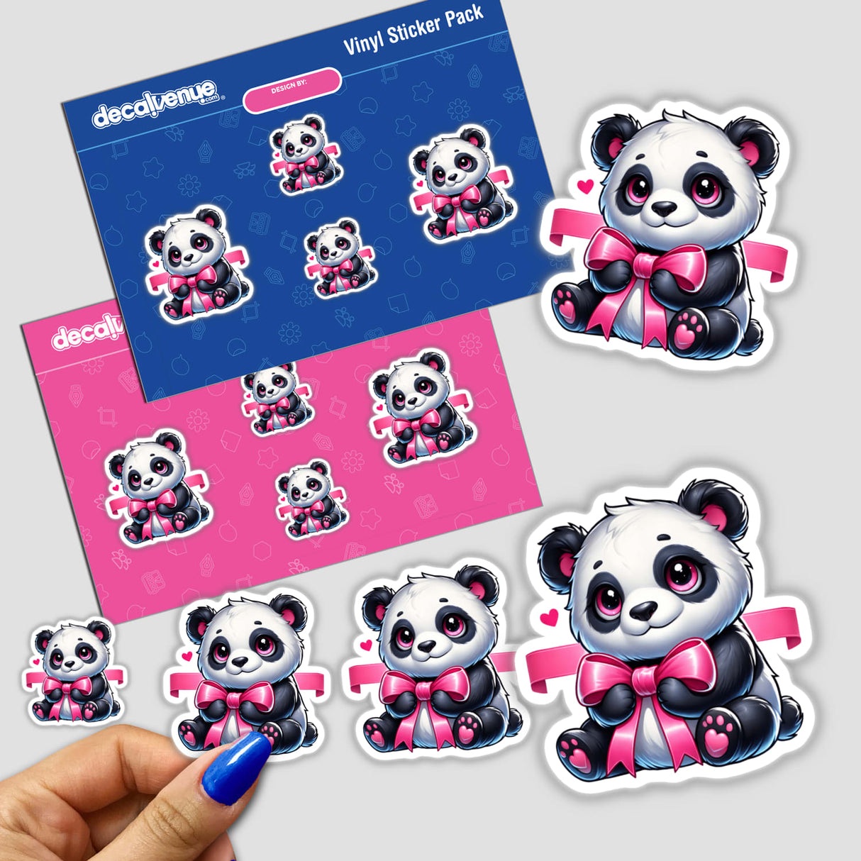 Cute Panda Holding Pink Ribbon sticker pack, featuring various cartoon pandas with pink bows, showcased with a hand holding one sticker. Available as Stickers or Digital Artwork from Decal Venue.