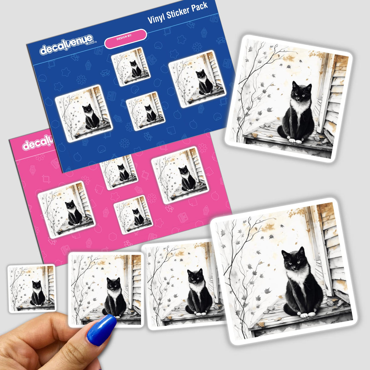 Cat on Autumn Porch Sumi-e Japanese Ink Wash depicted as a unique vinyl sticker or digital artwork, highlighting a serene autumn scene with a cat, reflecting Decal Venue's artistic essence.