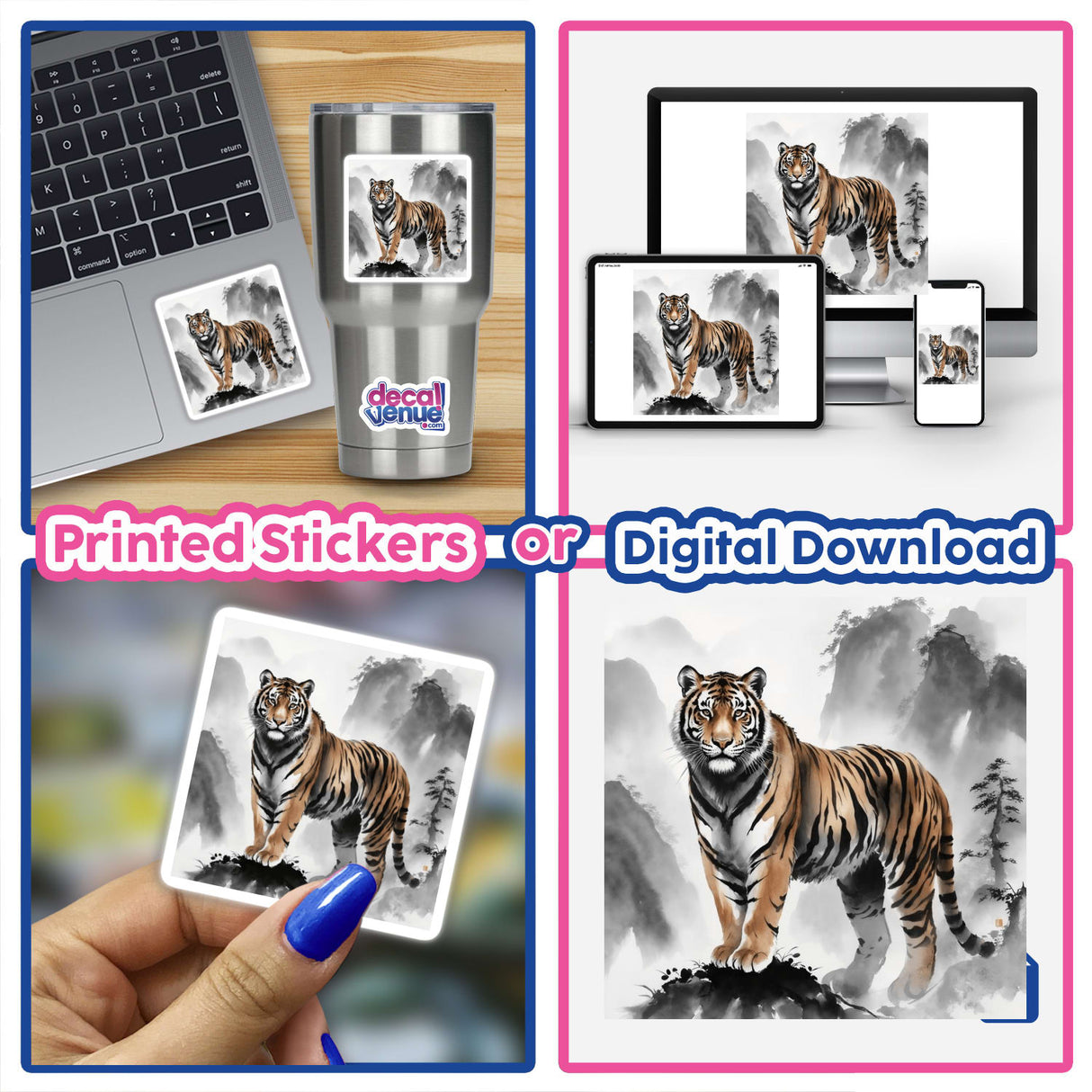 Tiger in Misty Mountains Sumi-e Ink Wash Artwork featuring a majestic tiger amidst misty peaks, available as both stickers and digital artwork, embodying Decal Venue's unique artistic flair.