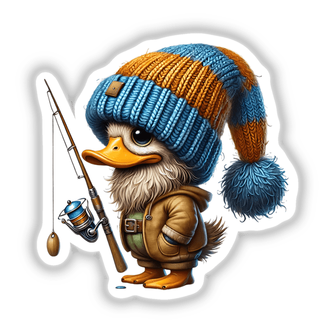 Duck Gnome with Fishing Rod: Cartoon duck wearing a knit hat, holding a fishing pole. Available as stickers or digital artwork from Decal Venue.