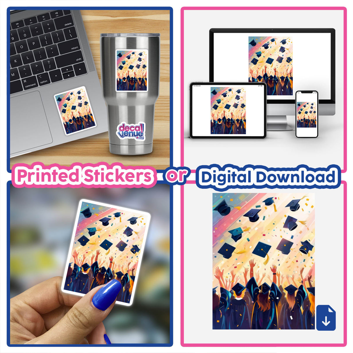 Joyful Graduation Celebration with Cap Toss and Confetti depicts graduates joyously tossing caps amid a festive confetti shower, available as stickers or digital artwork from Decal Venue.