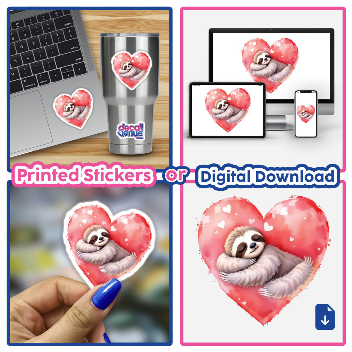Watercolor Sleeping Sloth on a Heart sticker collage, featuring sloths hugging hearts and sloth-themed designs on laptops, ideal for personalization by Decal Venue.