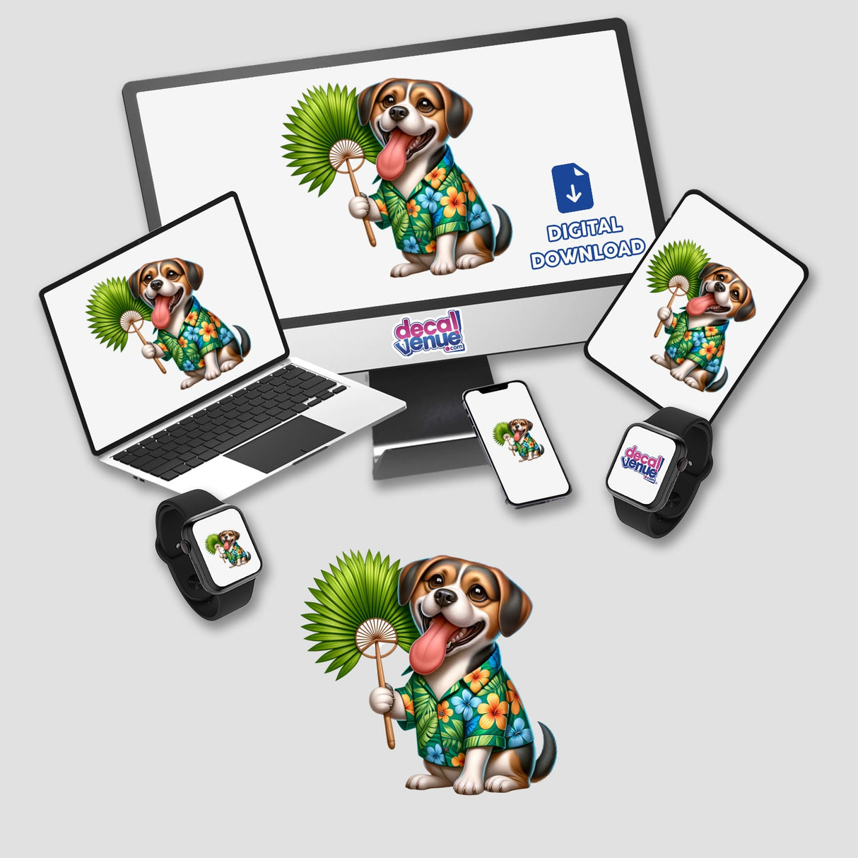 Dog in Hawaiian Shirt Holding Palm Leaf Fan