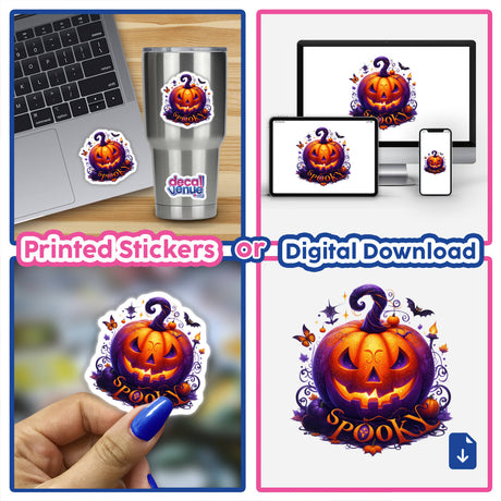 Vivid Spooky Halloween Pumpkin stickers or digital artwork displayed on a laptop and around carved pumpkins, ideal for Halloween-themed decor from Decal Venue.