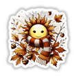 Autumn Sun in Cozy Sweater: A cartoon sun with a smiling face, wrapped in a scarf, surrounded by leaves, available as stickers or digital artwork from Decal Venue.