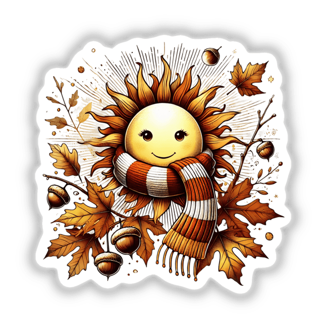 Autumn Sun in Cozy Sweater: A cartoon sun with a smiling face, wrapped in a scarf, surrounded by leaves, available as stickers or digital artwork from Decal Venue.