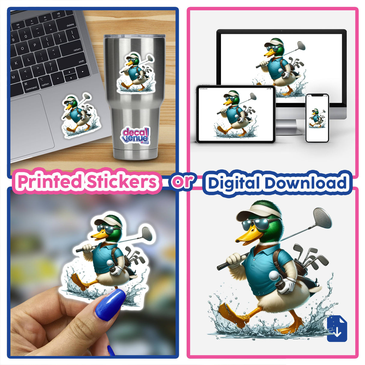 Sporty Mallard Duck Going Golfing features a cartoon duck with sunglasses and a golf bag, available as stickers or digital artwork, embodying Decal Venue's unique vinyl and digital art offerings.