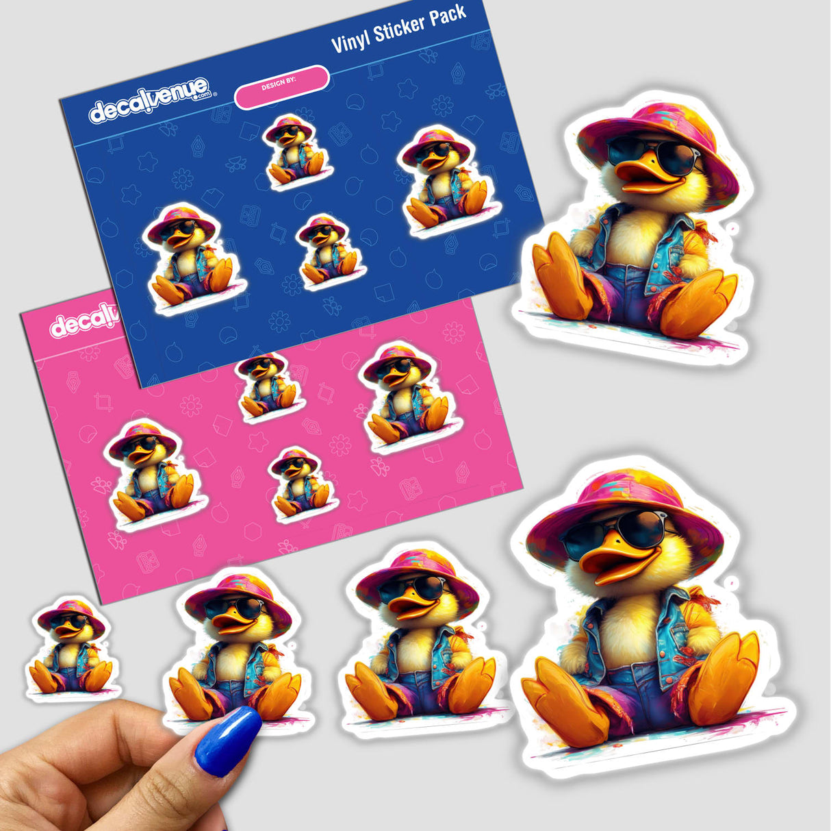 Stylish Duck stickers featuring cartoon ducks wearing hats and sunglasses, available as physical stickers or digital artwork.