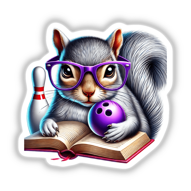 Squirrel Reading a Book with Purple Glasses and Bowling Ball: A whimsical illustration featuring a squirrel with glasses, holding a book and purple bowling ball, available as stickers or digital art.