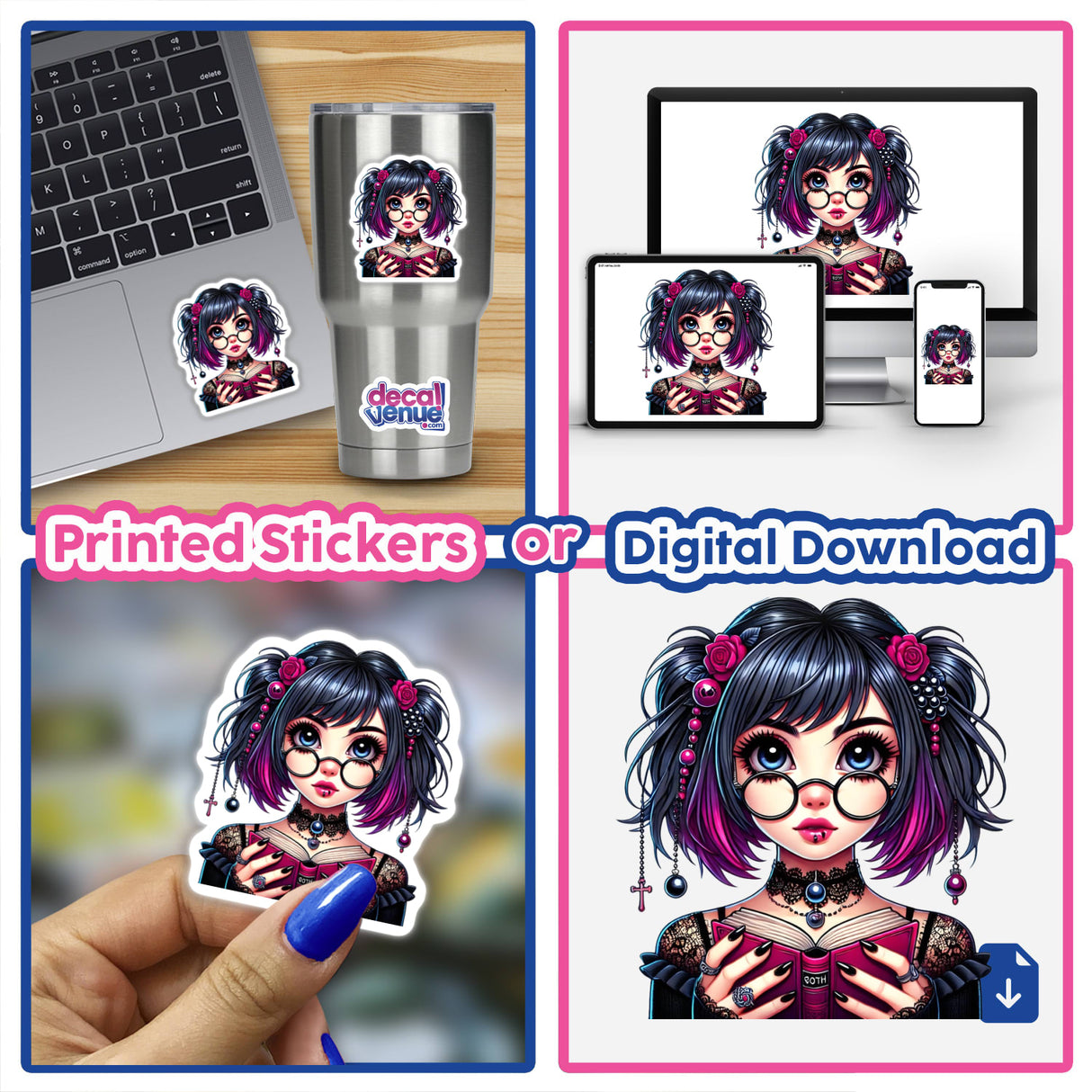 Artistic illustrations of a gothic-style girl with dark hair, glasses, and bold makeup displayed on various digital platforms and merchandise from the Decal Venue store.
