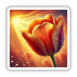 Tangerine Tulip with Dewy Glow - a close-up of a vibrant tulip showcasing its delicate petals adorned with dewdrops, available as stickers or digital artwork.