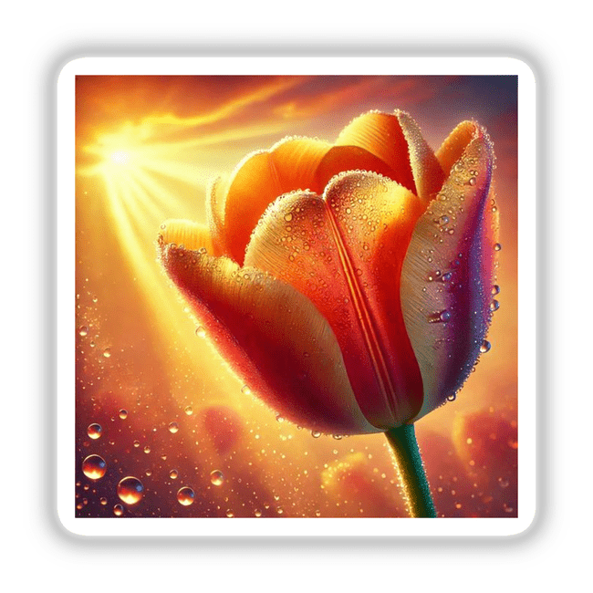 Tangerine Tulip with Dewy Glow - a close-up of a vibrant tulip showcasing its delicate petals adorned with dewdrops, available as stickers or digital artwork.