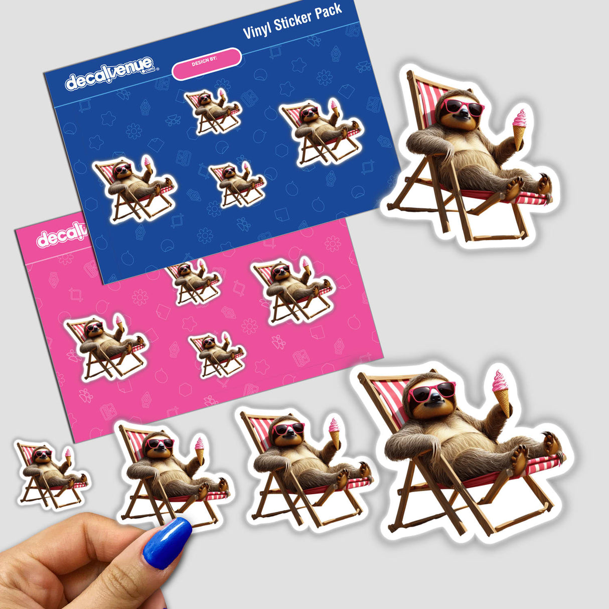 Sunny Sloth Relaxing on Beach Chair sticker pack featuring a cartoon sloth holding an ice cream cone while lounging in a chair. Available as stickers or digital artwork.