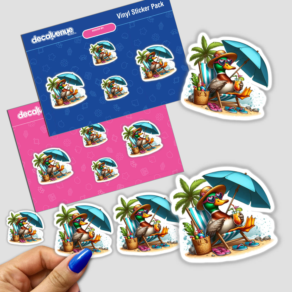 Mallard Duck Sitting in Beach Chair sticker features a cartoon duck lounging with a drink and umbrella, embodying the playful, unique style of Decal Venue's vinyl stickers and digital art collection.