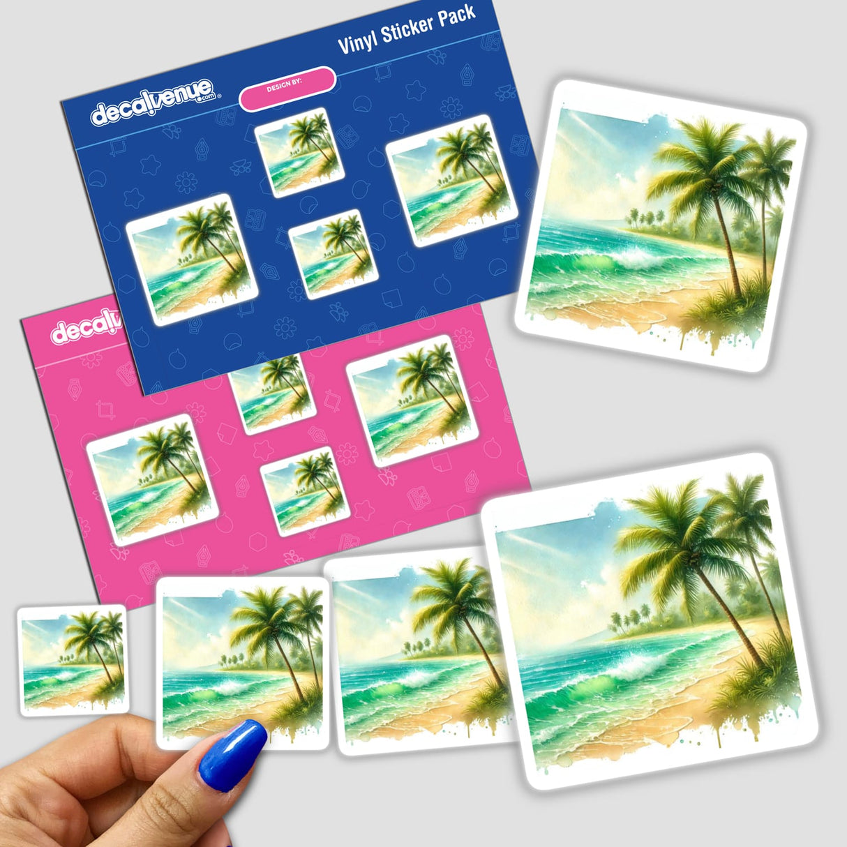 Hand holding the Tropical Paradise - Watercolor Palms and Ocean Waves sticker pack, featuring beach and palm tree designs.