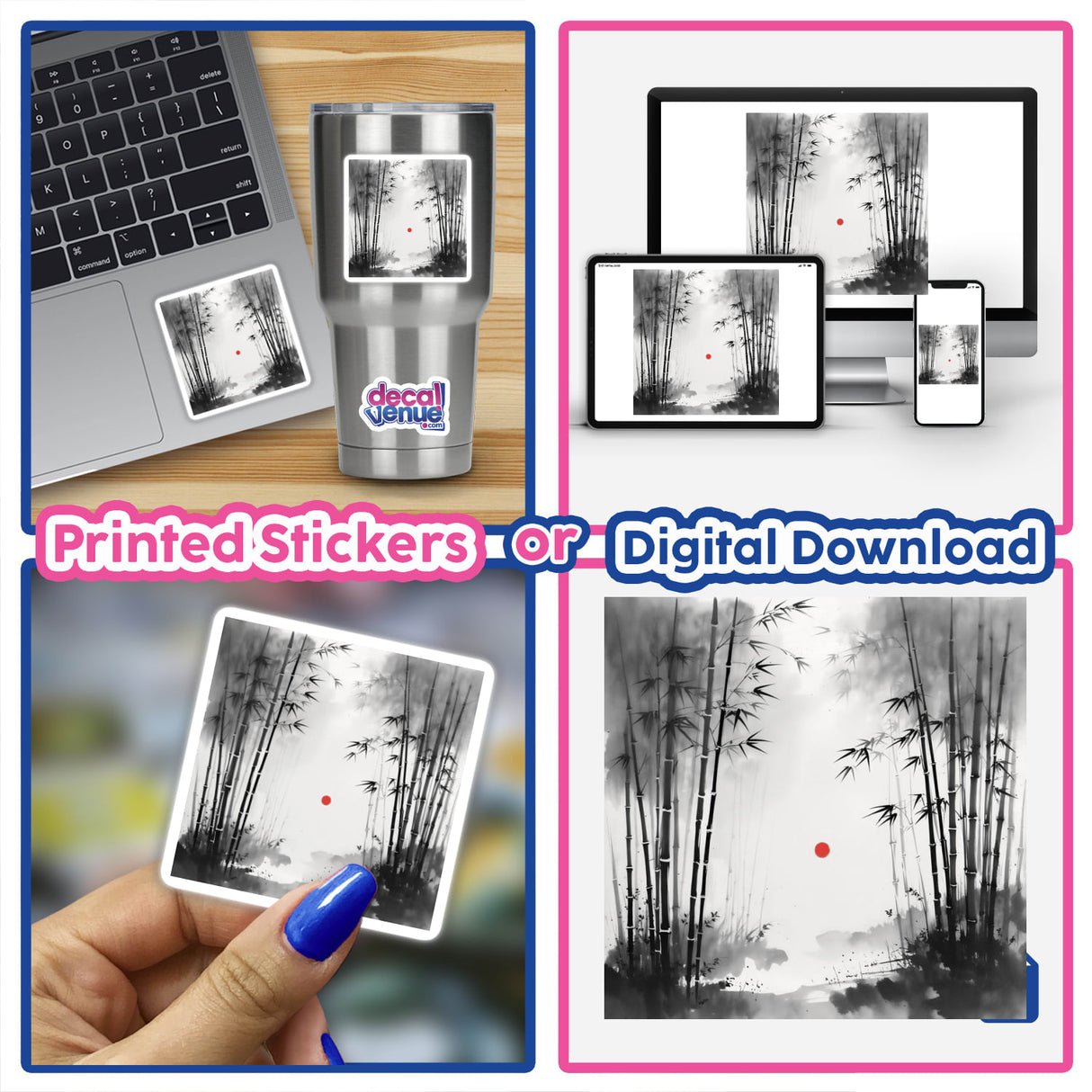 Sumi-e Bamboo Grove in Morning Mist Japanese Ink Wash Scene depicted as a sticker or digital artwork, showcasing elegant bamboo silhouettes amidst a misty backdrop, available at Decal Venue.