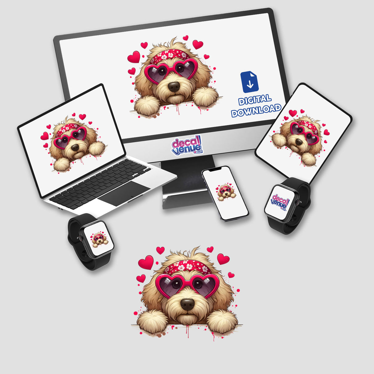 Peeking Goldendoodle Floating Hearts sticker or digital artwork featuring a playful dog wearing heart-shaped glasses and a pink bandana, perfect for adding charm to your collection.