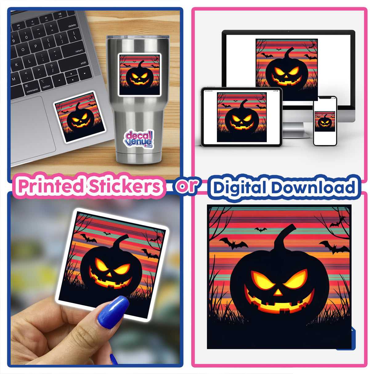 Laptop featuring a Pumpkin Silhouette with Bold Color Stripes Halloween sticker, showcasing a pumpkin silhouette with bats and grass. Available as stickers or digital artwork.