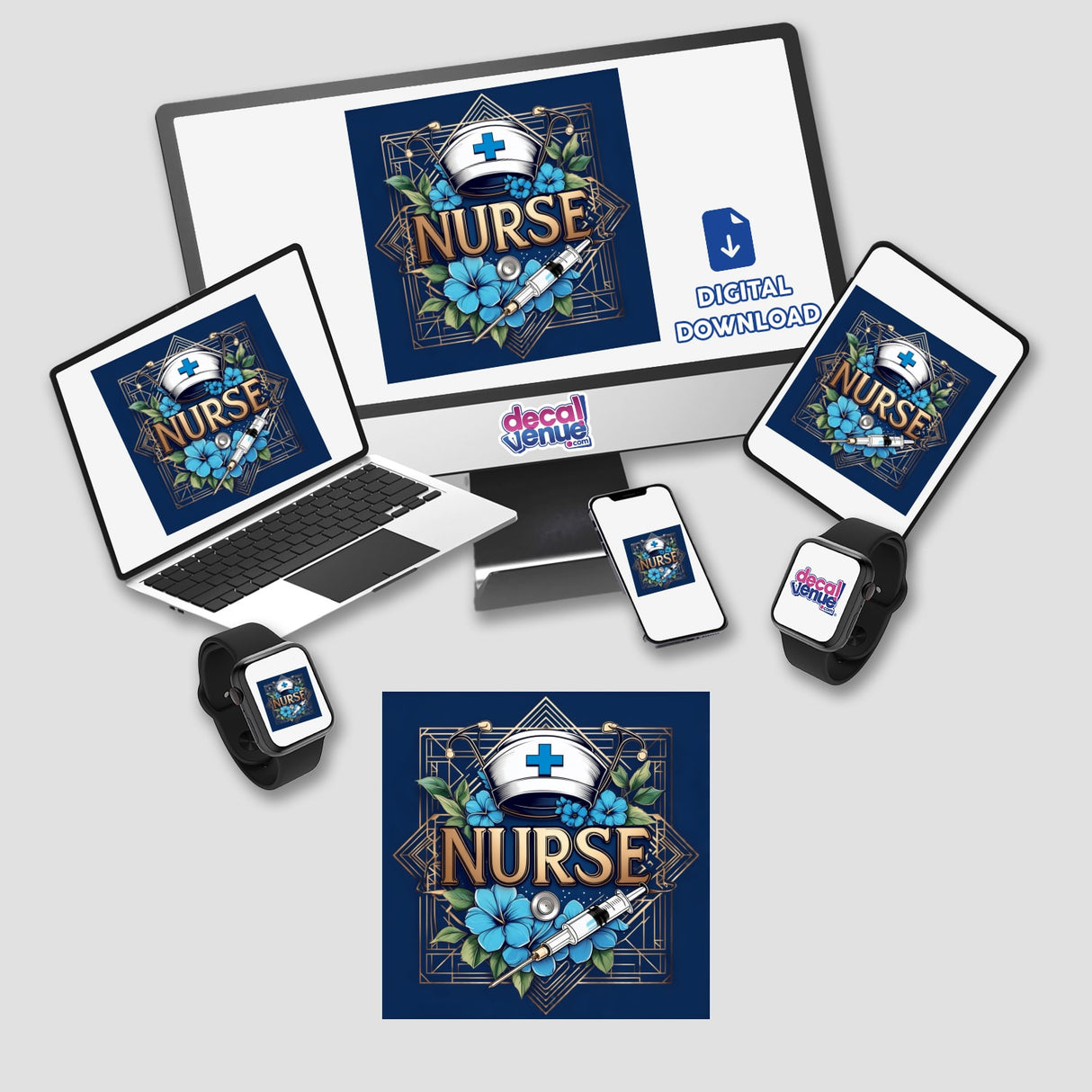 Art Deco Nurse Tribute features a stethoscope, blue flowers, and syringe, depicted on a computer monitor and laptop screen, available as stickers or digital artwork.