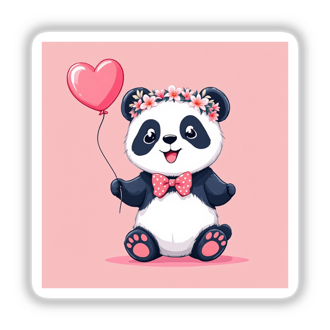 Panda with Flower Crown and Heart Balloon: A cartoon panda holds a heart-shaped balloon, adorned with a floral crown, available as stickers or digital artwork from Decal Venue.